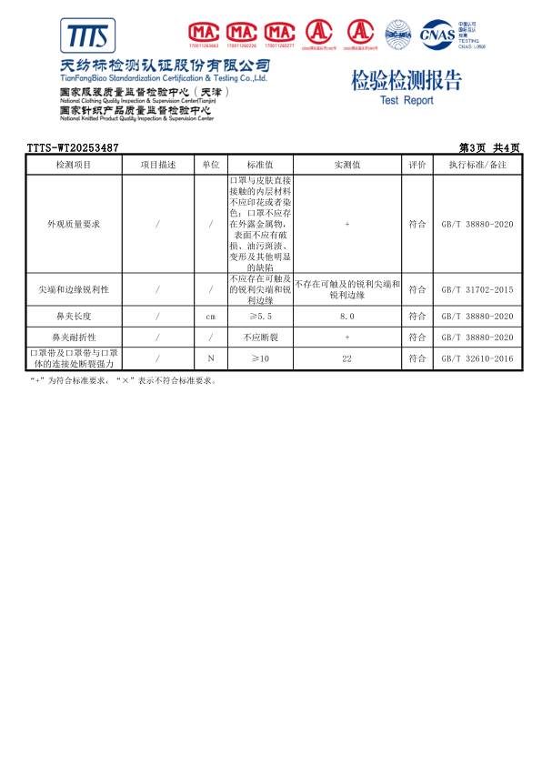 儿童卫生口罩检测报告-天津泰达清洁质料有限公司